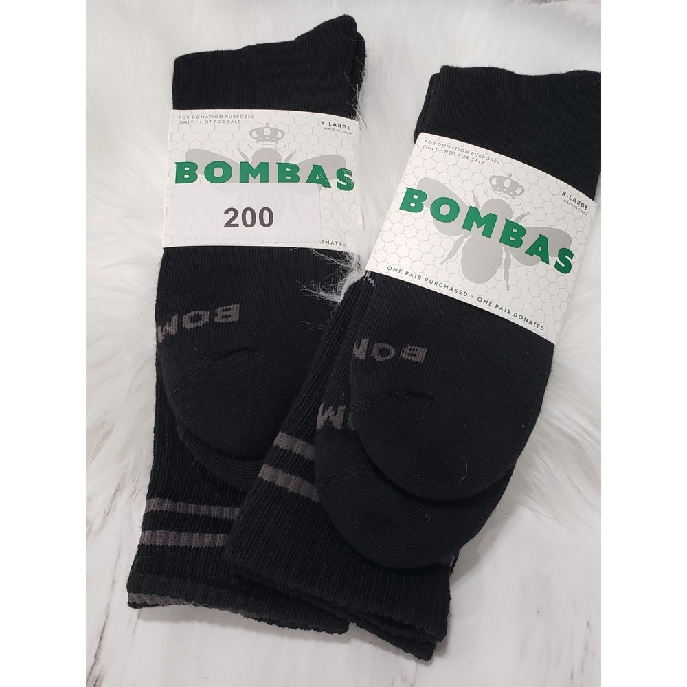 2 LOT Bombas XL NWT Black & Grey Stripe Crew Socks Cotton Blend Comfort